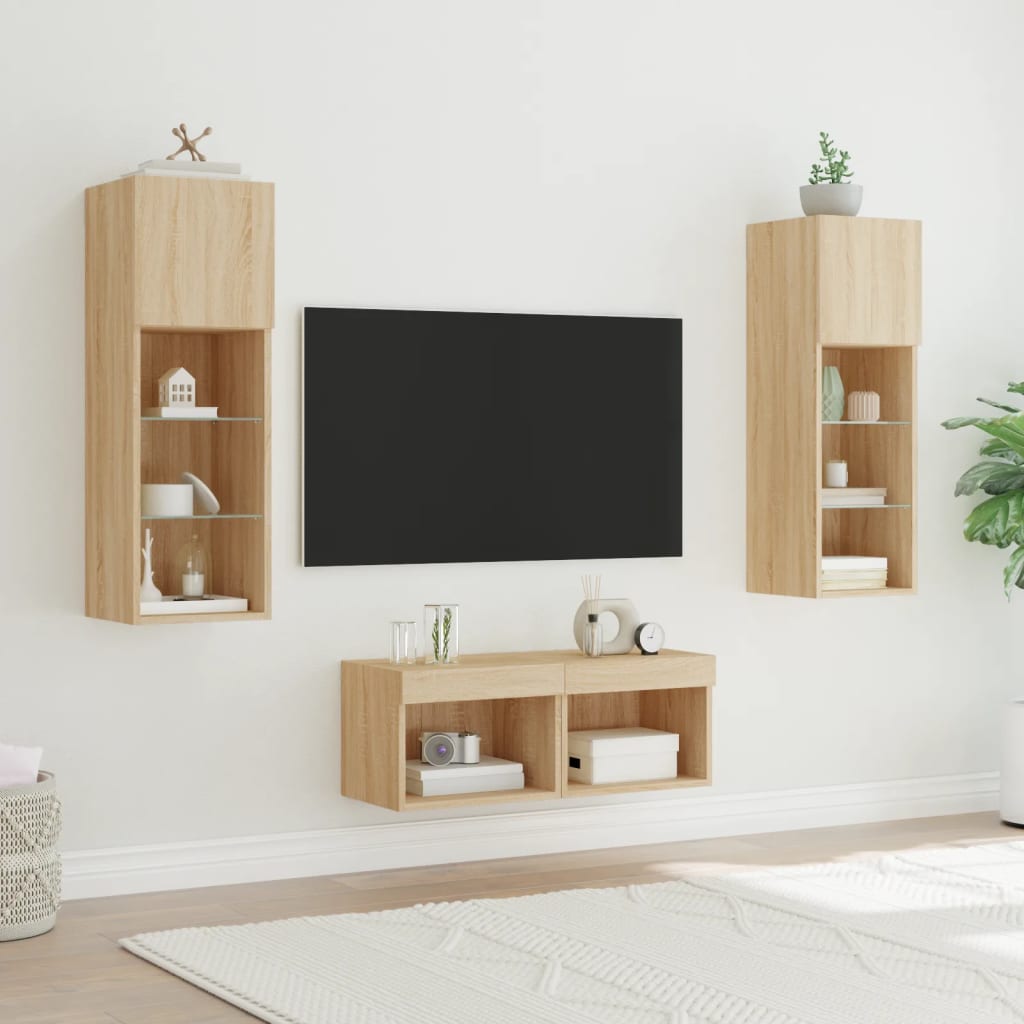 vidaXL Comode TV de perete cu lumini LED, 4 piese, stejar sonoma