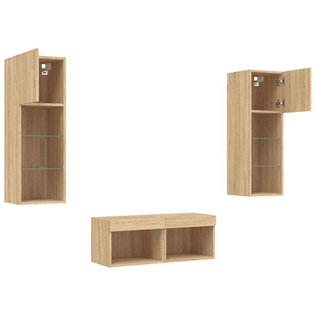 vidaXL Comode TV de perete cu lumini LED, 4 piese, stejar sonoma