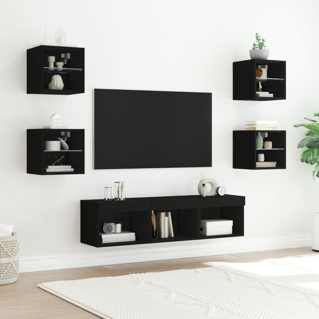 vidaXL Unități de perete TV cu LED-uri, 7 piese, negru, lemn prelucrat vidaXL Unități de perete TV cu LED-uri, 7 piese, negru, lemn prelucrat