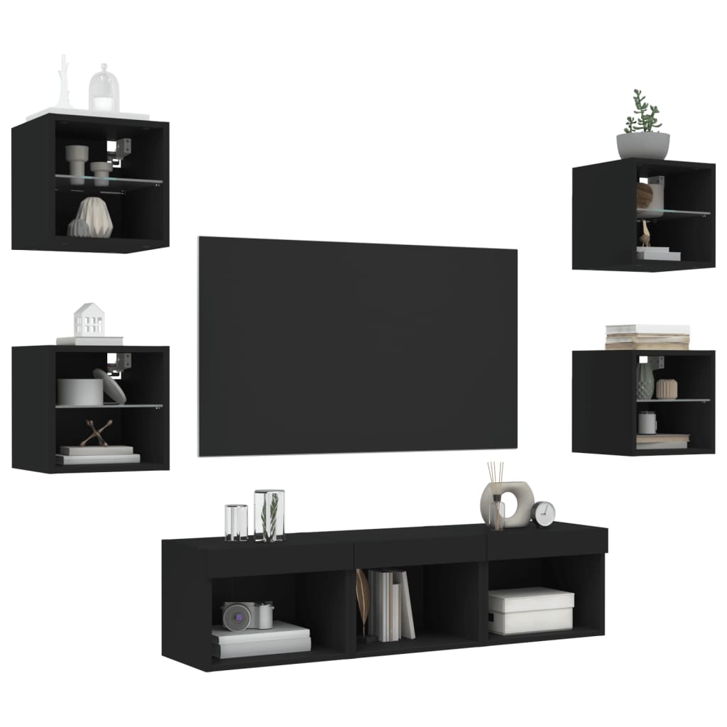 vidaXL Unități de perete TV cu LED-uri, 7 piese, negru, lemn prelucrat vidaXL Unități de perete TV cu LED-uri, 7 piese, negru, lemn prelucrat
