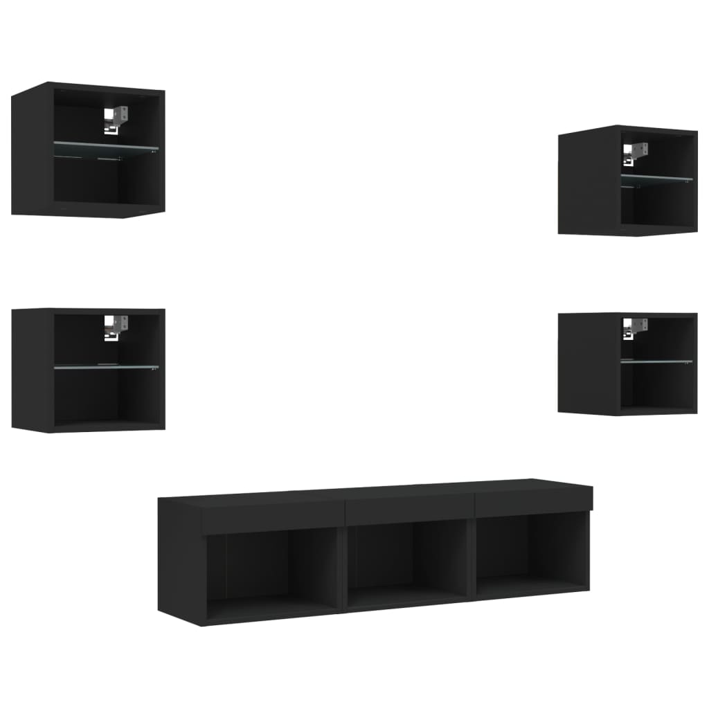 vidaXL Unități de perete TV cu LED-uri, 7 piese, negru, lemn prelucrat vidaXL Unități de perete TV cu LED-uri, 7 piese, negru, lemn prelucrat