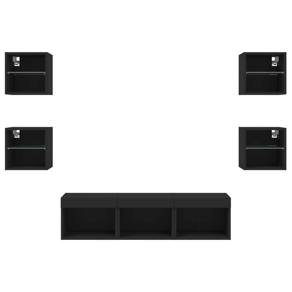 vidaXL Unități de perete TV cu LED-uri, 7 piese, negru, lemn prelucrat vidaXL Unități de perete TV cu LED-uri, 7 piese, negru, lemn prelucrat