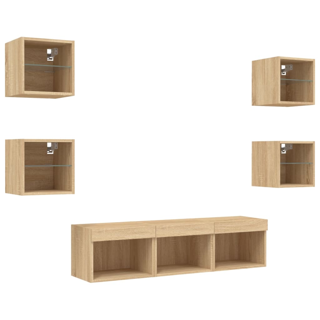 vidaXL Unități de perete TV cu LED-uri, 7 piese, stejar sonoma, lemn