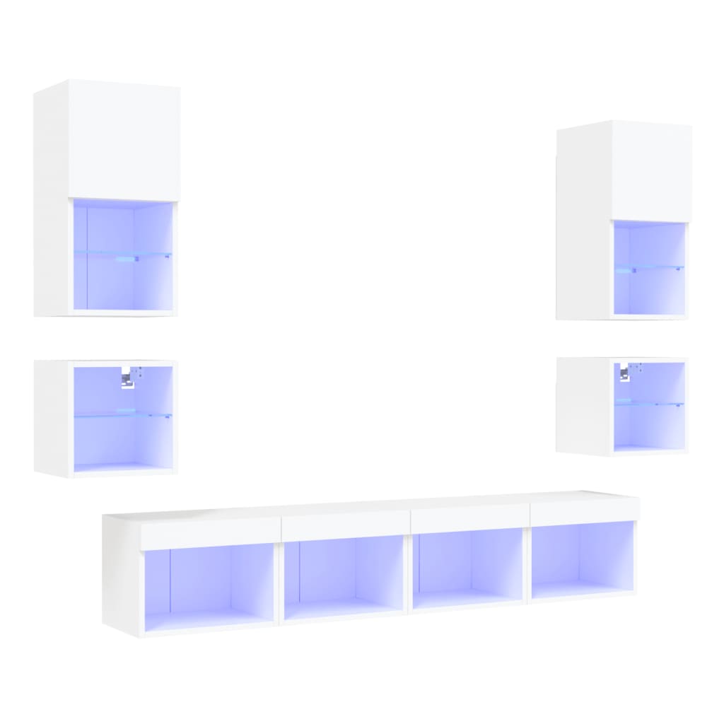 vidaXL Unități de perete TV cu LED-uri, 8 piese, alb, lemn prelucrat vidaXL Unități de perete TV cu LED-uri, 8 piese, alb, lemn prelucrat