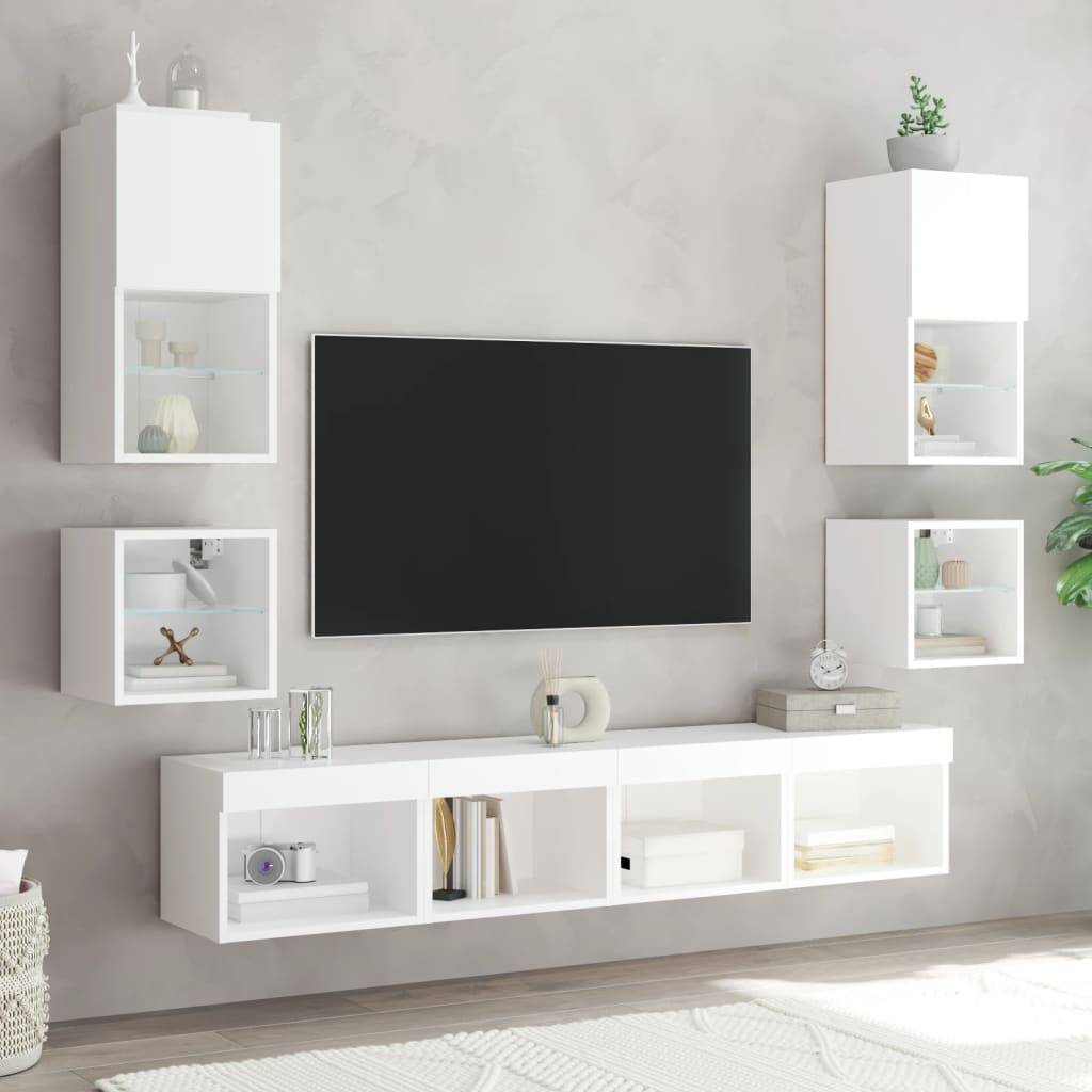 vidaXL Unități de perete TV cu LED-uri, 8 piese, alb, lemn prelucrat vidaXL Unități de perete TV cu LED-uri, 8 piese, alb, lemn prelucrat