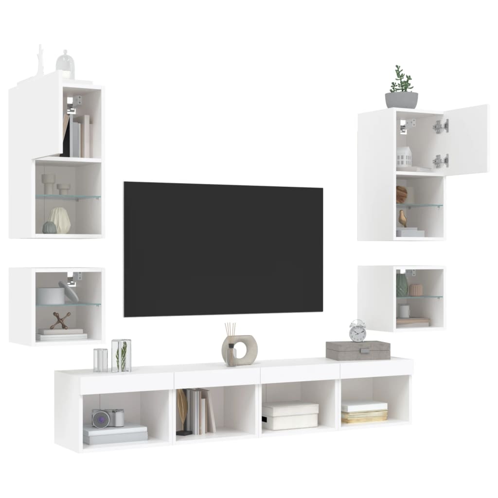 vidaXL Unități de perete TV cu LED-uri, 8 piese, alb, lemn prelucrat vidaXL Unități de perete TV cu LED-uri, 8 piese, alb, lemn prelucrat