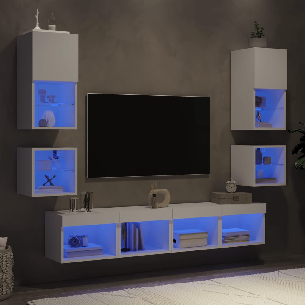 vidaXL Unități de perete TV cu LED-uri, 8 piese, alb, lemn prelucrat vidaXL Unități de perete TV cu LED-uri, 8 piese, alb, lemn prelucrat