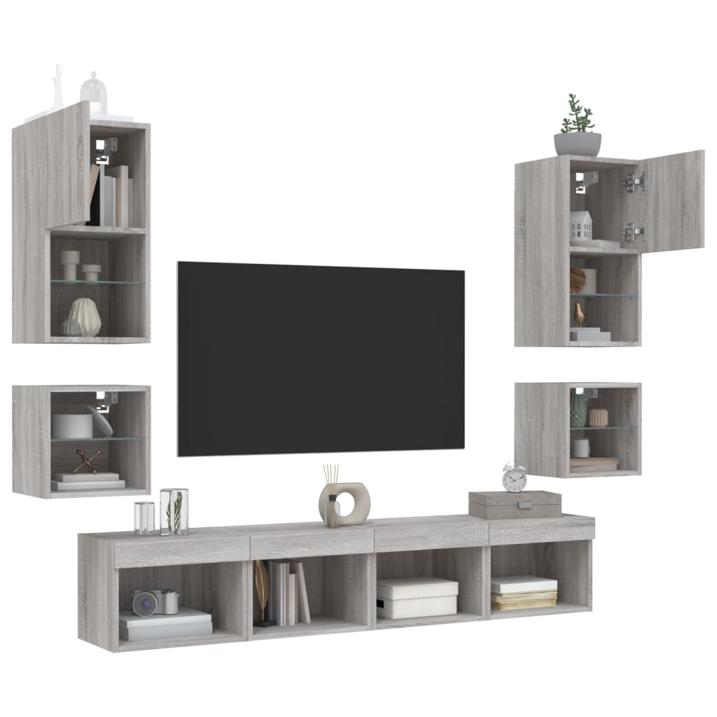vidaXL Unități de perete TV cu LED-uri, 8 piese, gri sonoma, lemn vidaXL Unități de perete TV cu LED-uri, 8 piese, gri sonoma, lemn