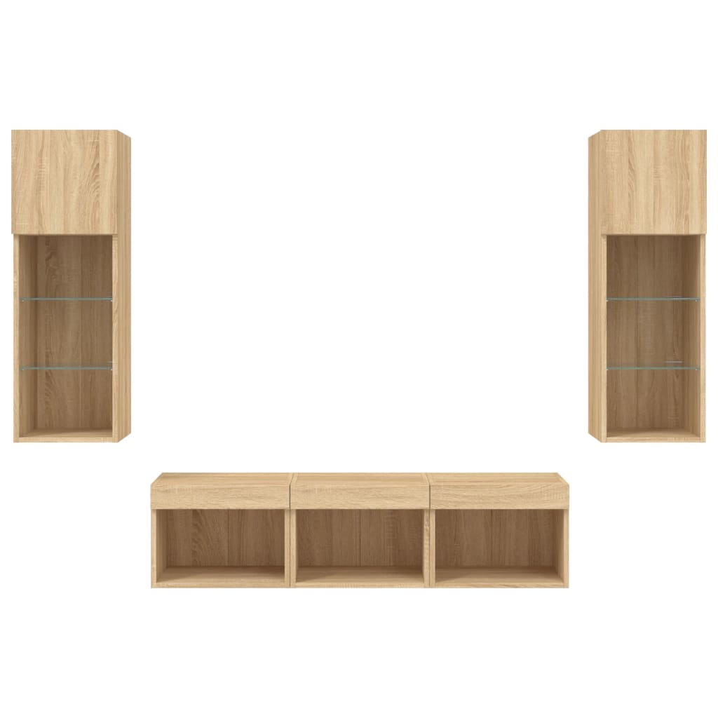 vidaXL Unități de perete TV cu LED-uri, 5 piese, stejar sonoma, lemn