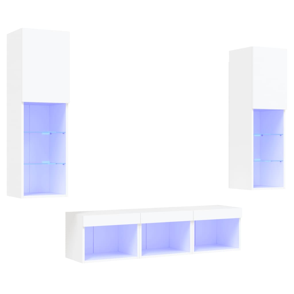 vidaXL Unități de perete TV cu LED-uri, 5 piese, alb, lemn prelucrat vidaXL Unități de perete TV cu LED-uri, 5 piese, alb, lemn prelucrat