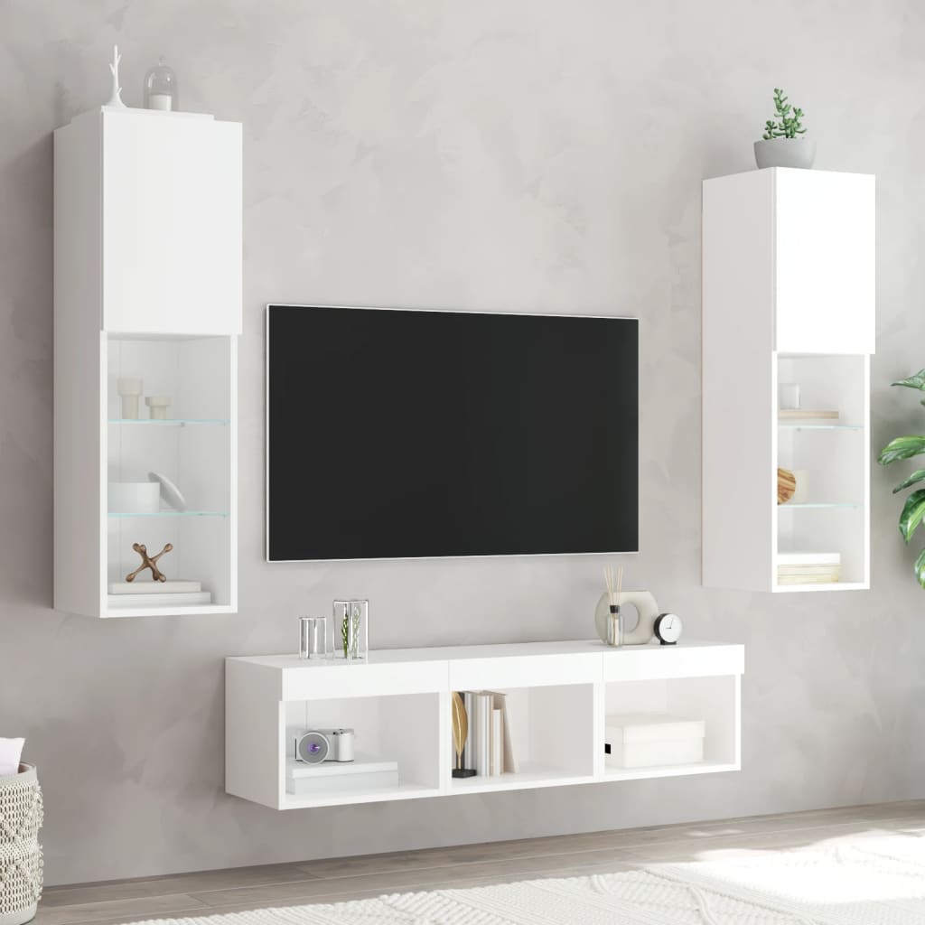 vidaXL Unități de perete TV cu LED-uri, 5 piese, alb, lemn prelucrat vidaXL Unități de perete TV cu LED-uri, 5 piese, alb, lemn prelucrat