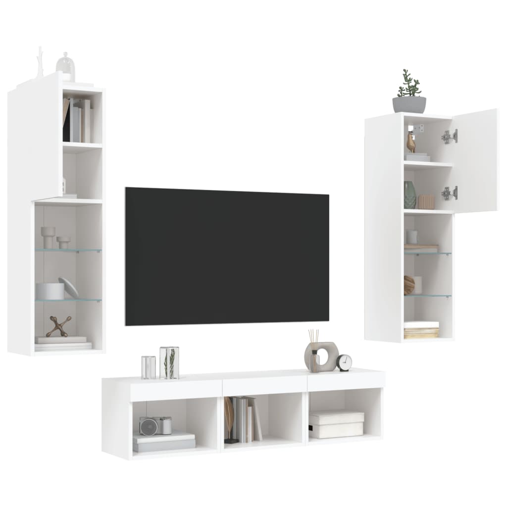 vidaXL Unități de perete TV cu LED-uri, 5 piese, alb, lemn prelucrat vidaXL Unități de perete TV cu LED-uri, 5 piese, alb, lemn prelucrat