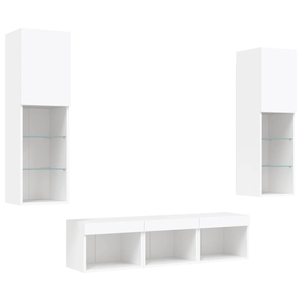 vidaXL Unități de perete TV cu LED-uri, 5 piese, alb, lemn prelucrat vidaXL Unități de perete TV cu LED-uri, 5 piese, alb, lemn prelucrat