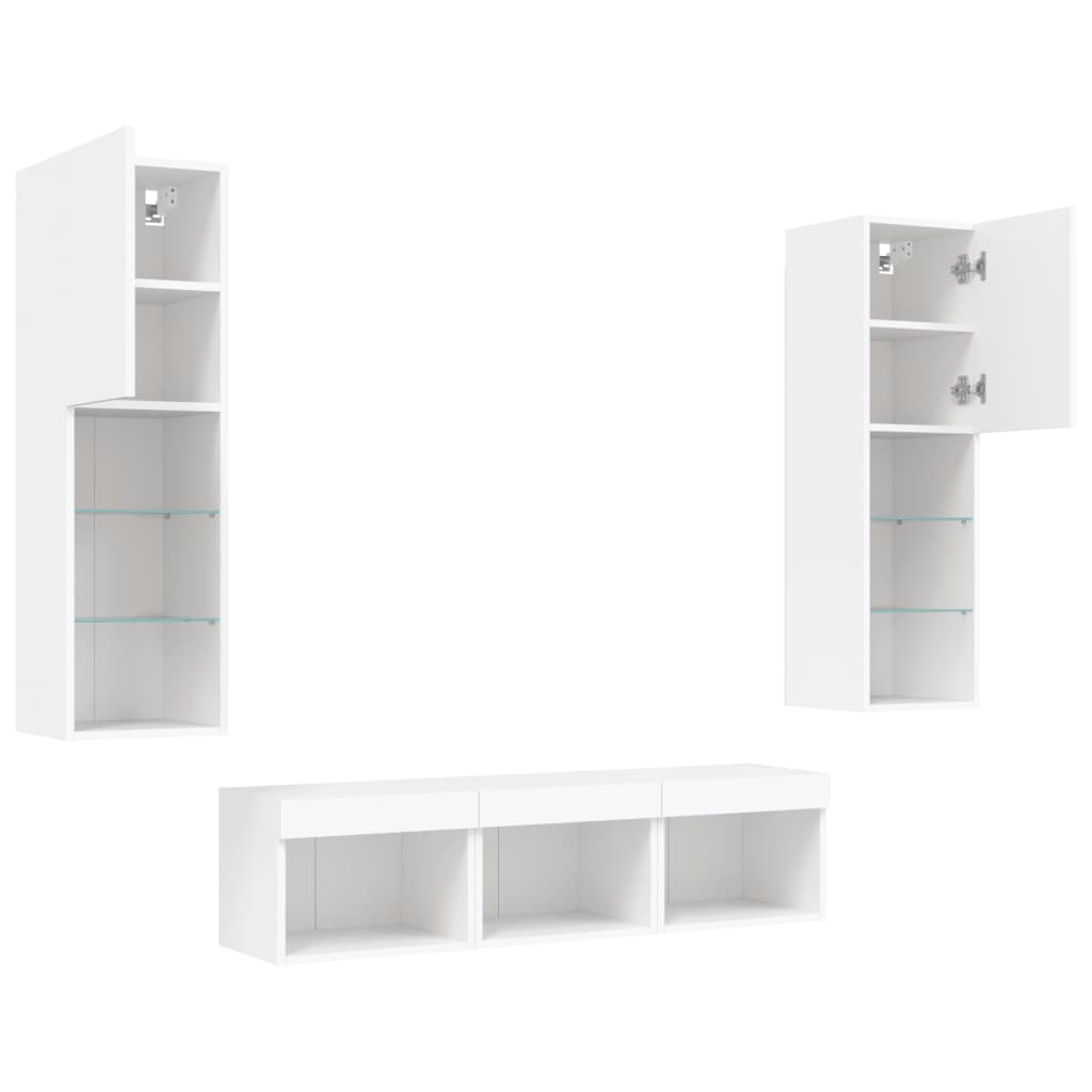 vidaXL Unități de perete TV cu LED-uri, 5 piese, alb, lemn prelucrat vidaXL Unități de perete TV cu LED-uri, 5 piese, alb, lemn prelucrat