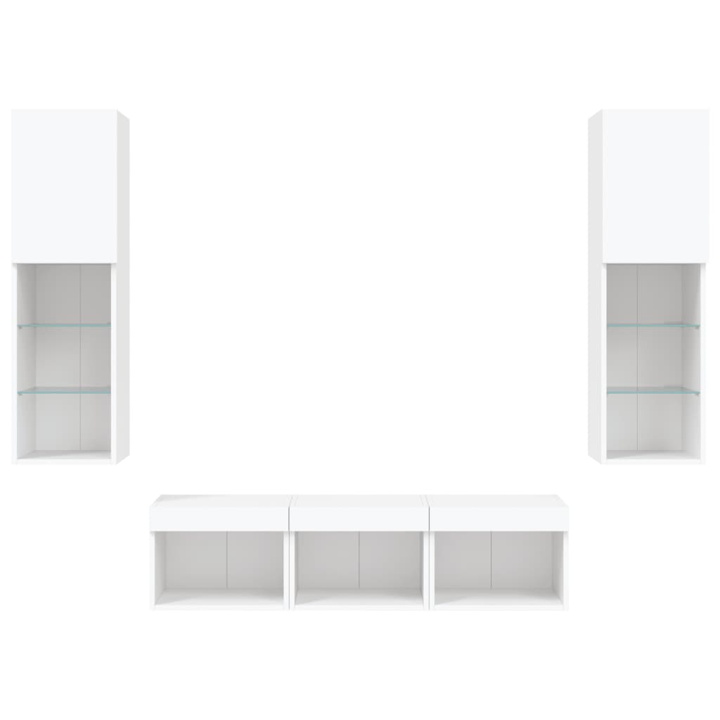 vidaXL Unități de perete TV cu LED-uri, 5 piese, alb, lemn prelucrat vidaXL Unități de perete TV cu LED-uri, 5 piese, alb, lemn prelucrat