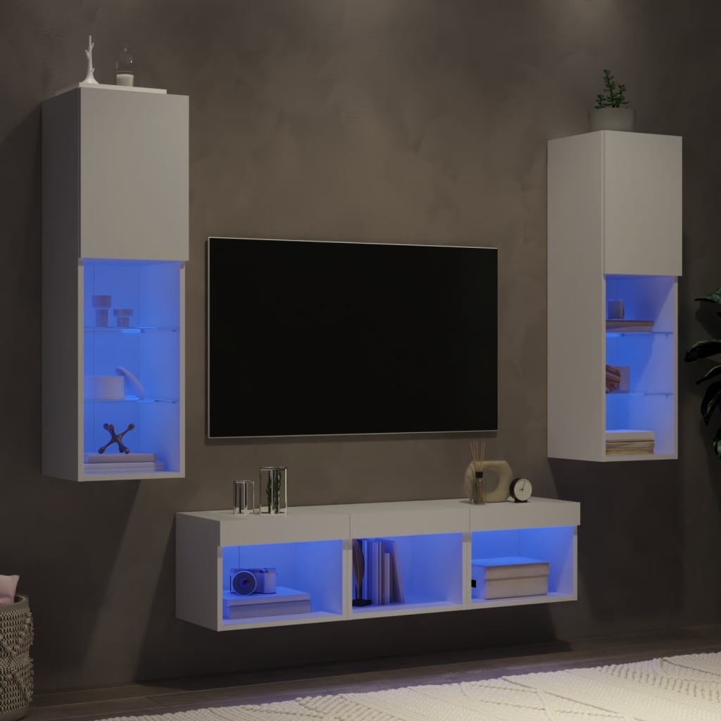 vidaXL Unități de perete TV cu LED-uri, 5 piese, alb, lemn prelucrat vidaXL Unități de perete TV cu LED-uri, 5 piese, alb, lemn prelucrat