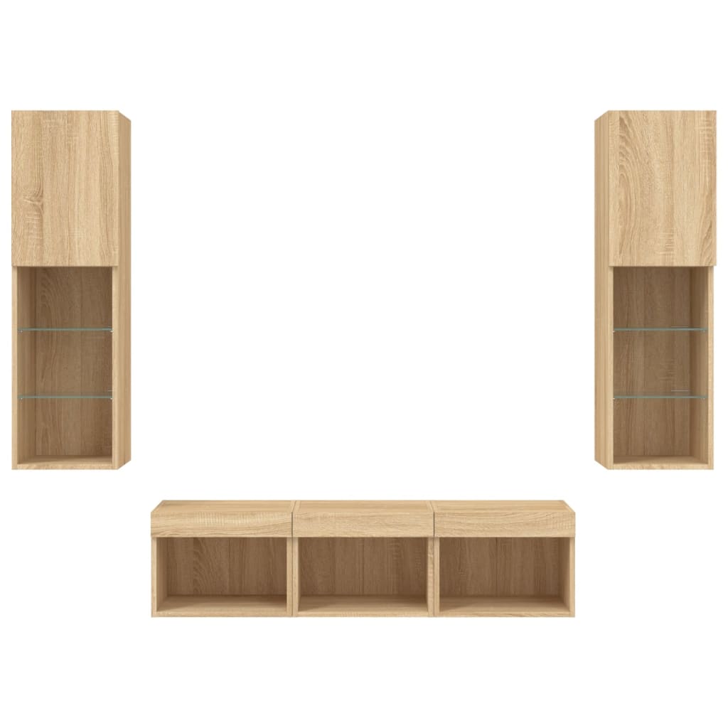vidaXL Unități de perete TV cu LED-uri, 5 piese, stejar sonoma, lemn