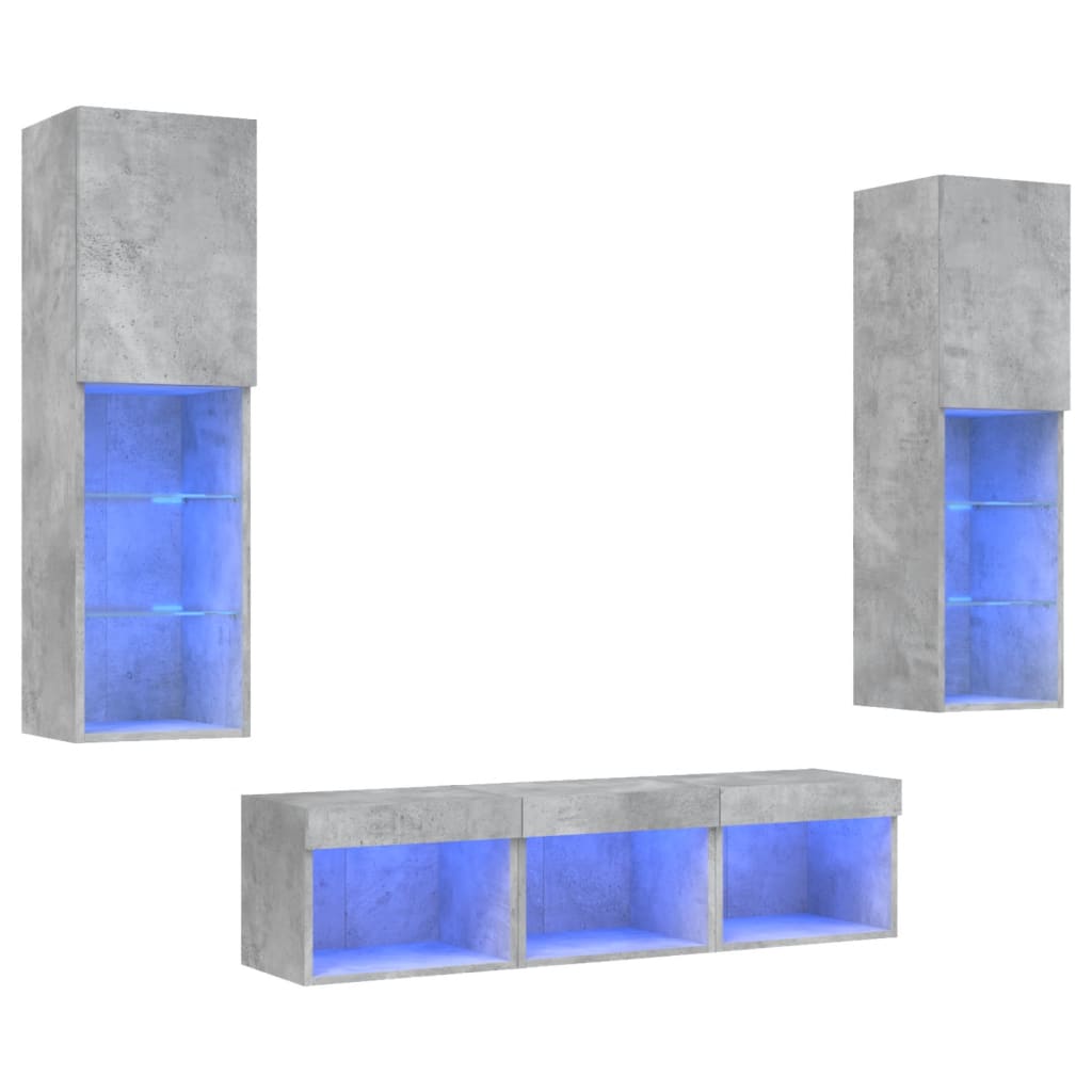 vidaXL Unități TV de perete cu LED-uri 5 piese gri beton lemn compozit