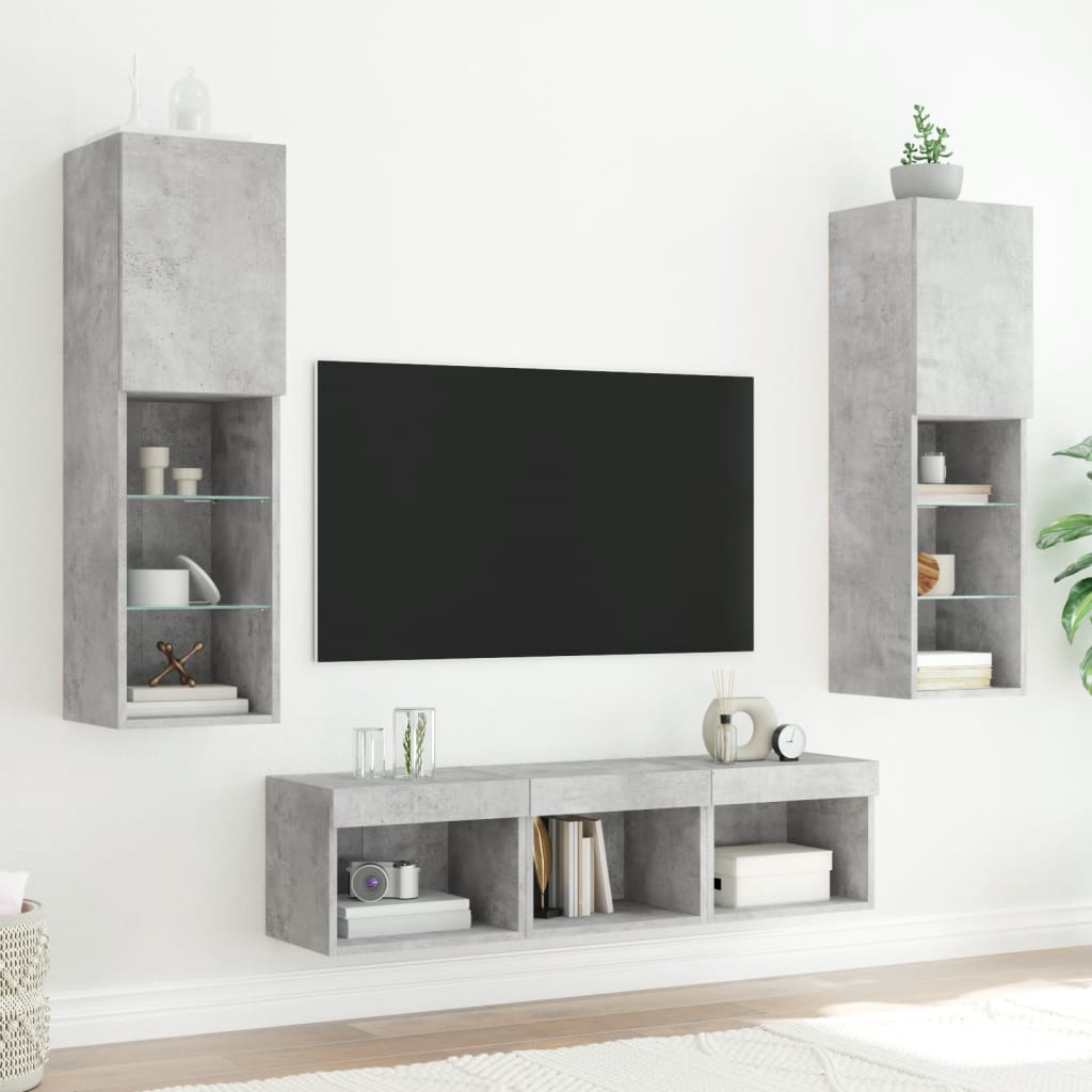 vidaXL Unități TV de perete cu LED-uri 5 piese gri beton lemn compozit