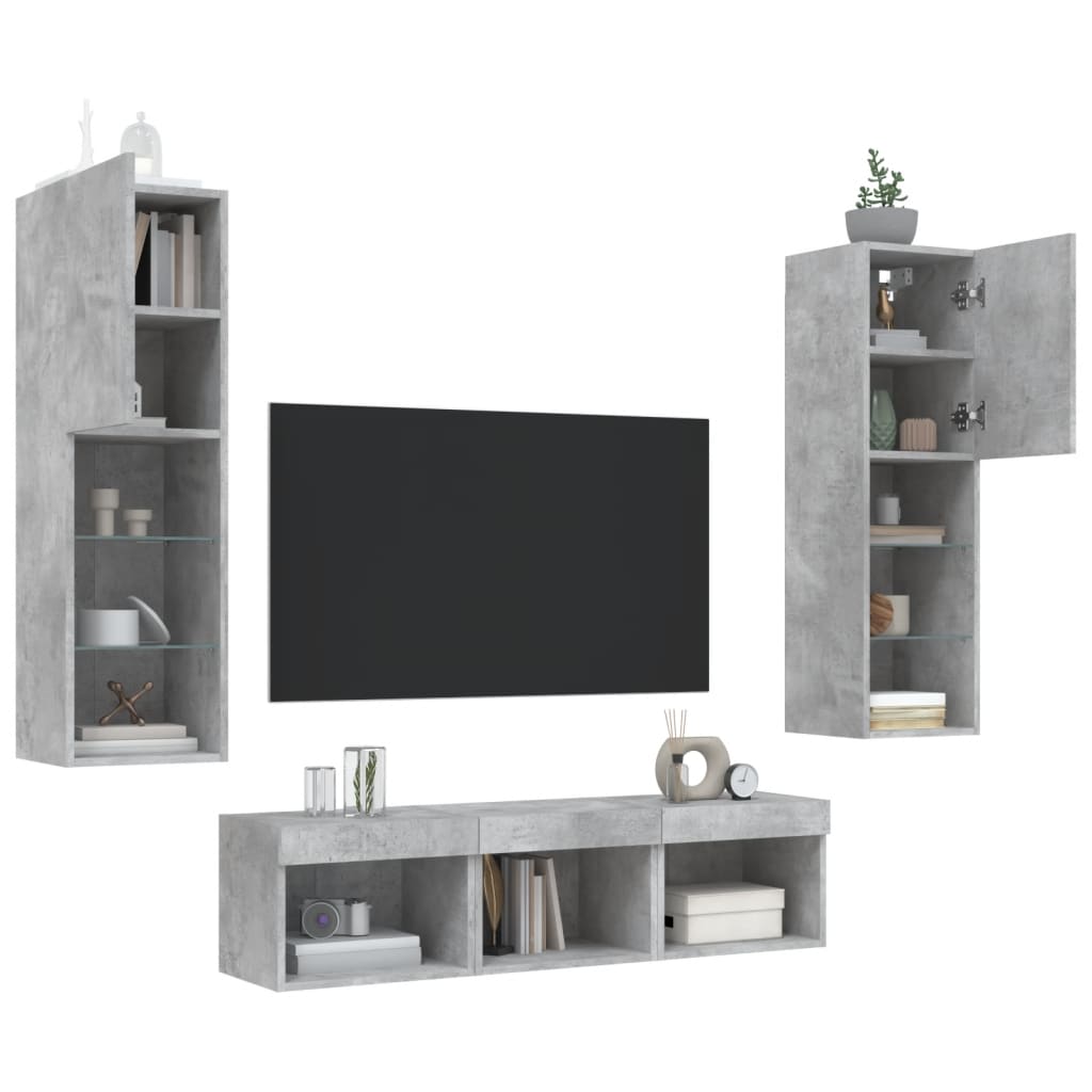 vidaXL Unități TV de perete cu LED-uri 5 piese gri beton lemn compozit