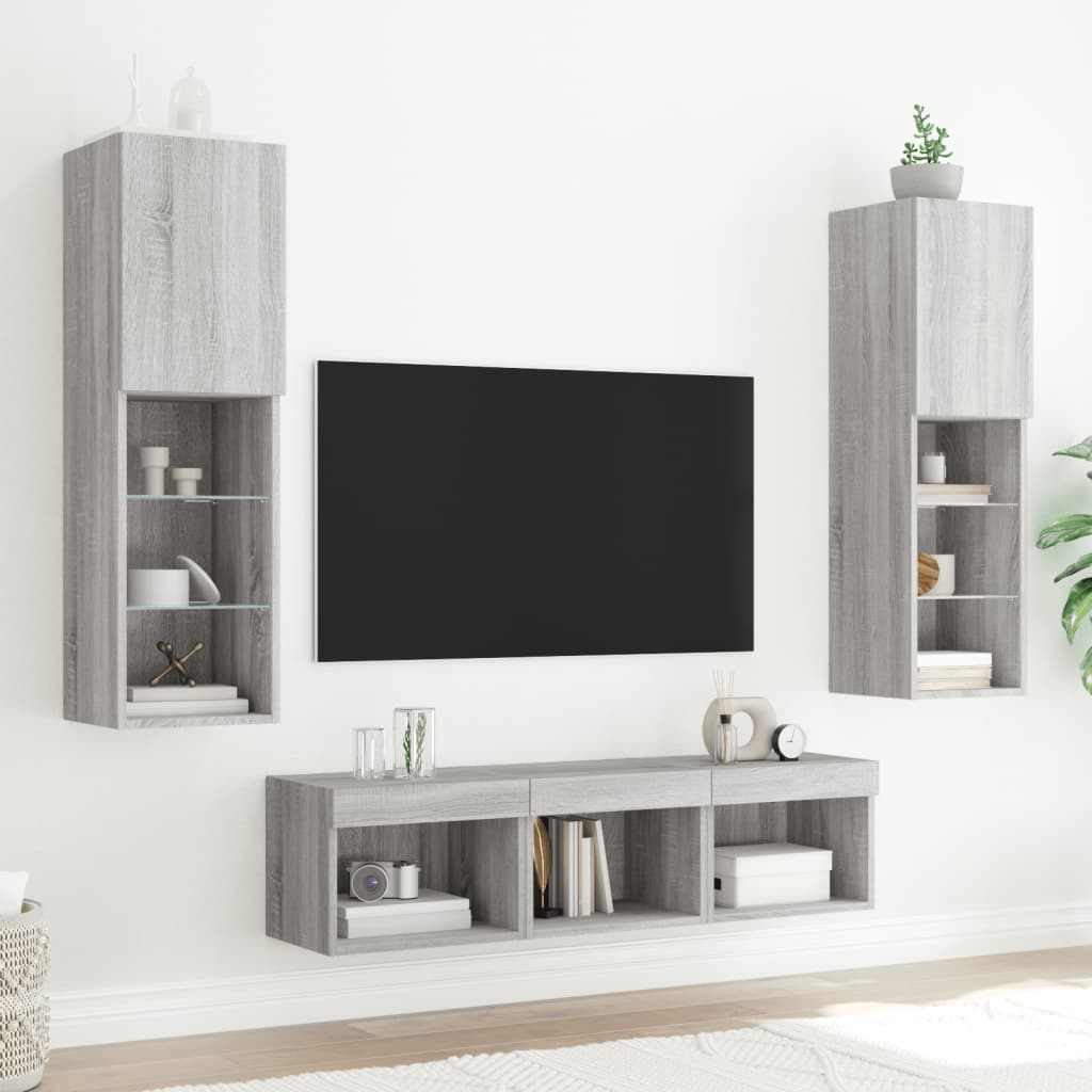 vidaXL Unități de perete TV cu LED-uri, 5 piese, gri sonoma, lemn