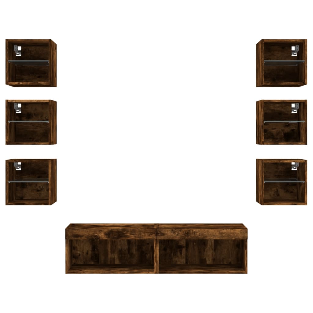 vidaXL Unități de perete TV cu LED-uri, 8 piese, stejar fumuriu, lemn