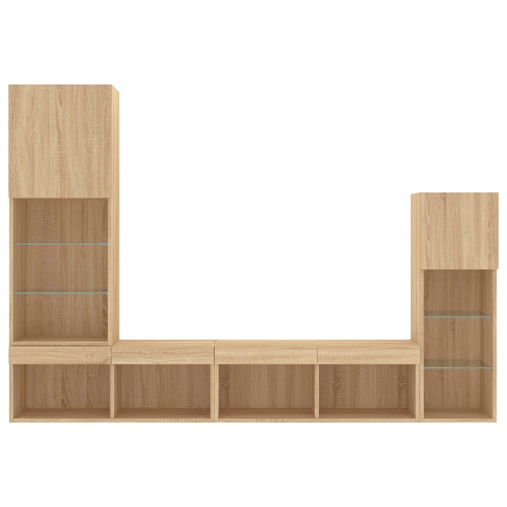 vidaXL Unități de perete TV cu LED-uri, 4 piese, stejar sonoma, lemn