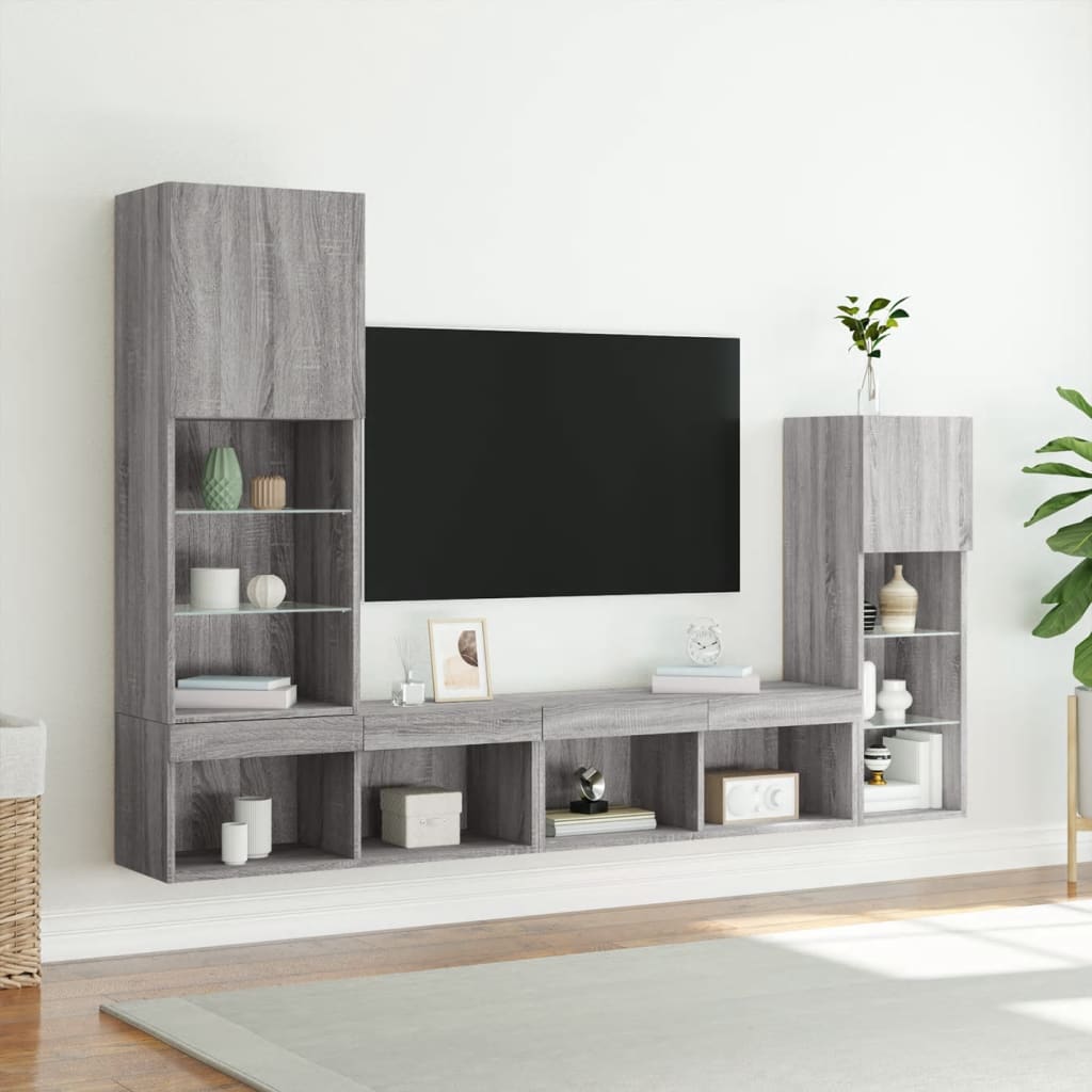 vidaXL Unități de perete TV cu LED-uri, 4 piese, gri sonoma, lemn
