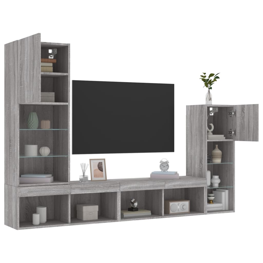 vidaXL Unități de perete TV cu LED-uri, 4 piese, gri sonoma, lemn