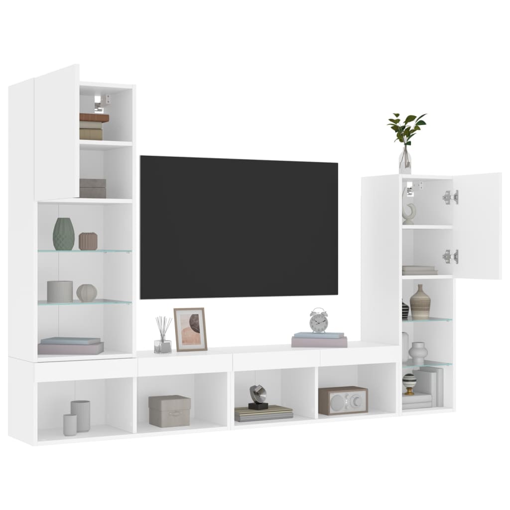vidaXL Unități de perete TV cu LED-uri, 4 piese, alb, lemn prelucrat