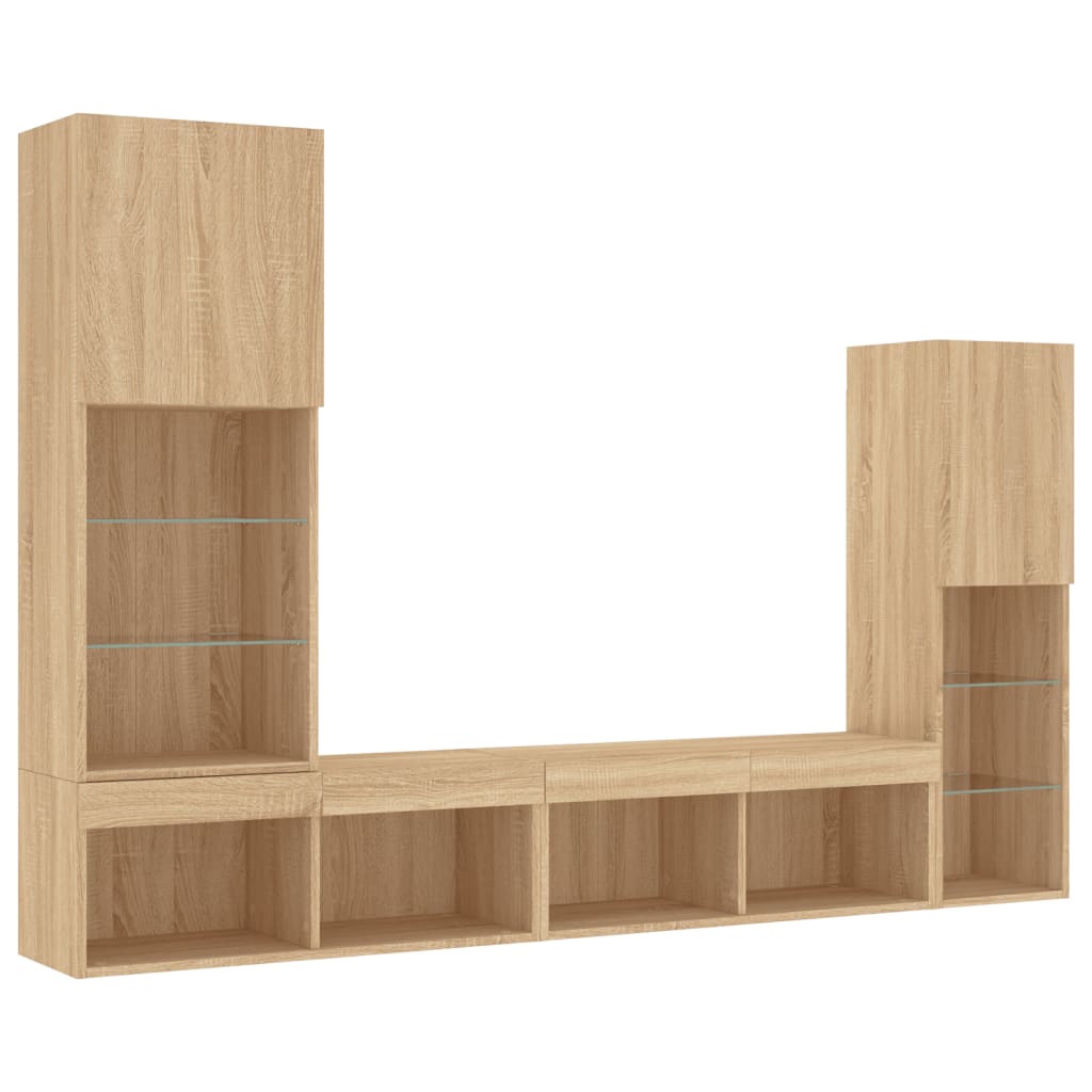 vidaXL Unități de perete TV cu LED-uri, 4 piese, stejar sonoma, lemn