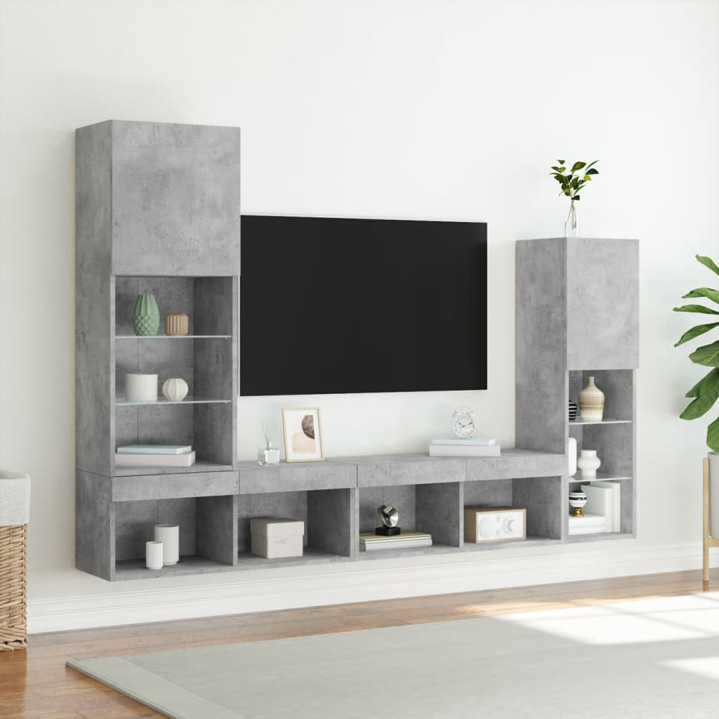 vidaXL Unități TV de perete cu LED-uri 4 piese gri beton lemn compozit
