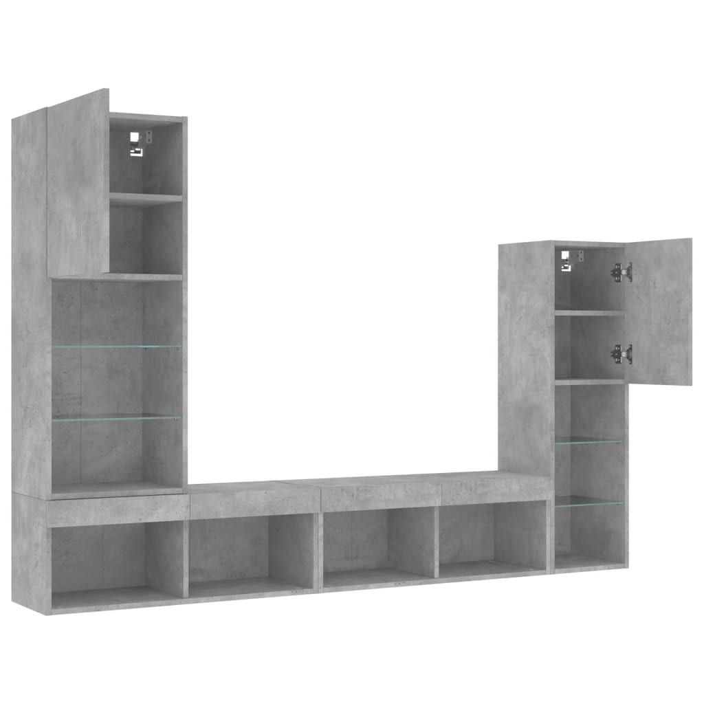vidaXL Unități TV de perete cu LED-uri 4 piese gri beton lemn compozit