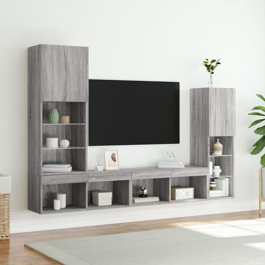 vidaXL Unități de perete TV cu LED-uri, 4 piese, gri sonoma, lemn