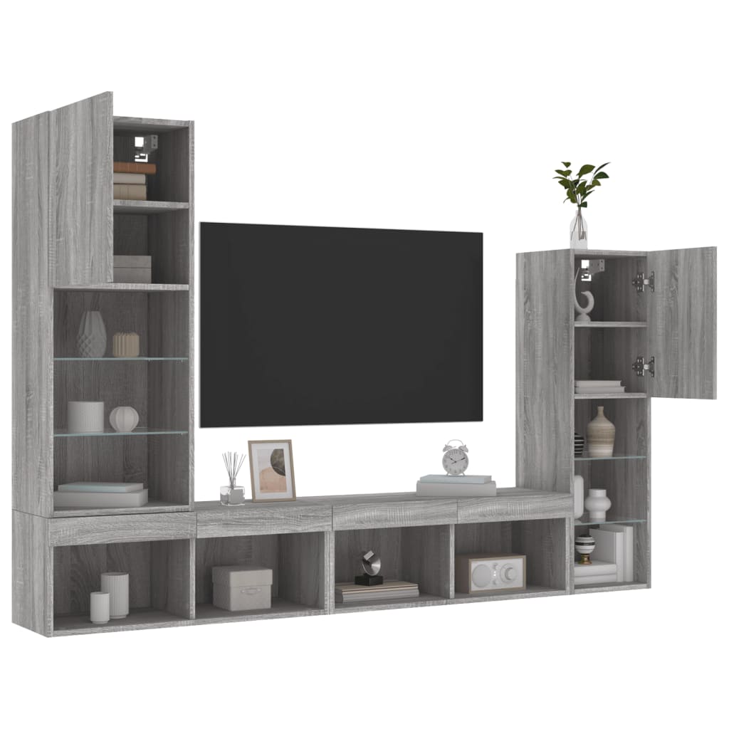 vidaXL Unități de perete TV cu LED-uri, 4 piese, gri sonoma, lemn