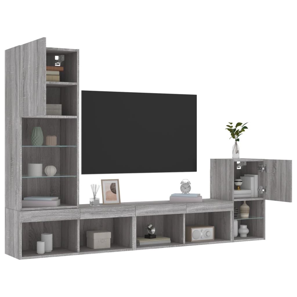 vidaXL Unități de perete TV cu LED-uri, 4 piese, gri sonoma, lemn