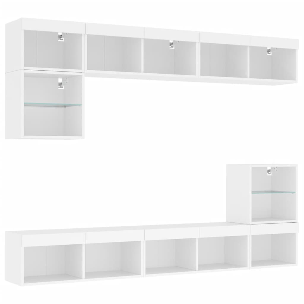 vidaXL Unități de perete TV cu LED-uri, 8 piese, alb, lemn prelucrat vidaXL Unități de perete TV cu LED-uri, 8 piese, alb, lemn prelucrat