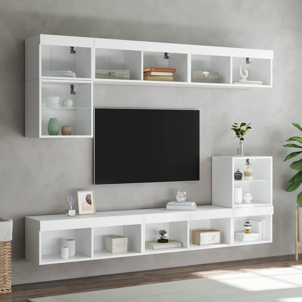 vidaXL Unități de perete TV cu LED-uri, 8 piese, alb, lemn prelucrat vidaXL Unități de perete TV cu LED-uri, 8 piese, alb, lemn prelucrat