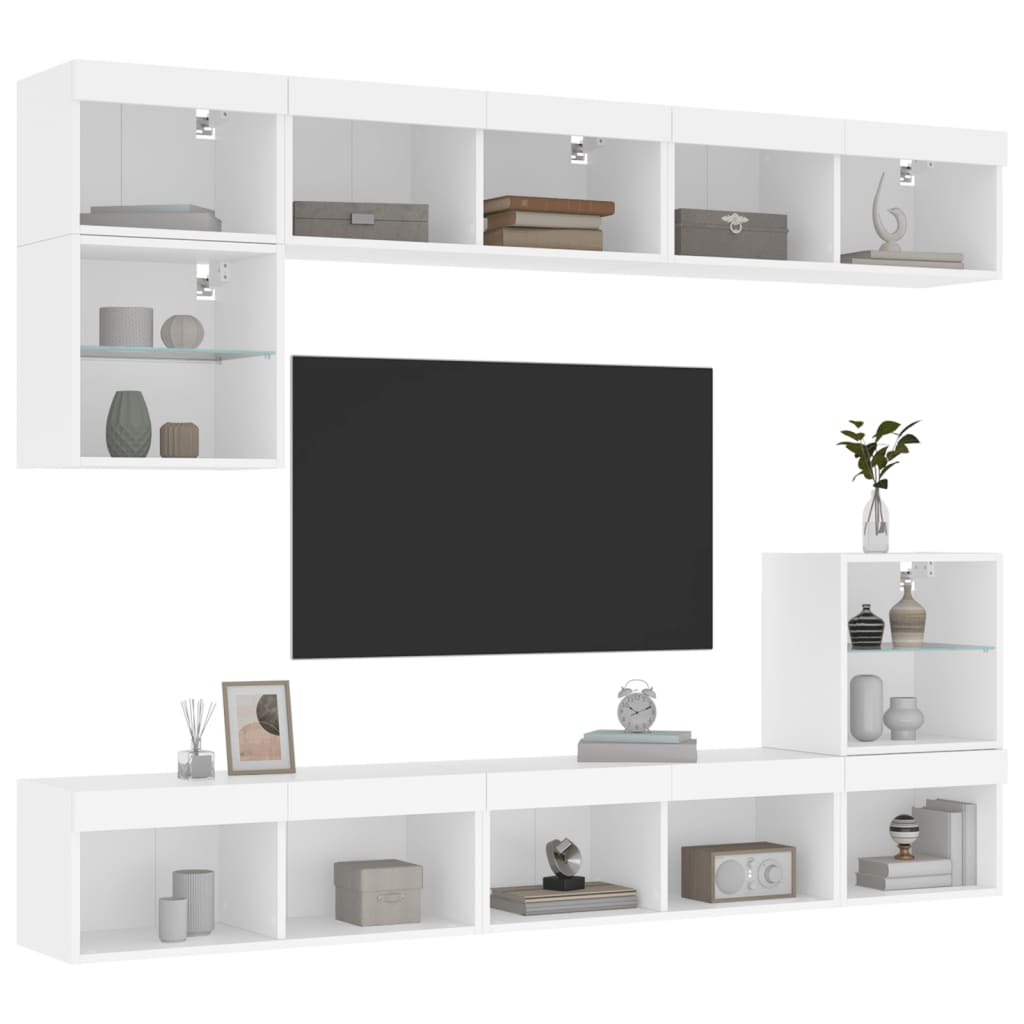 vidaXL Unități de perete TV cu LED-uri, 8 piese, alb, lemn prelucrat vidaXL Unități de perete TV cu LED-uri, 8 piese, alb, lemn prelucrat