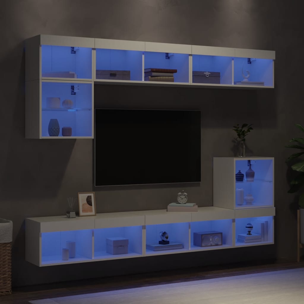 vidaXL Unități de perete TV cu LED-uri, 8 piese, alb, lemn prelucrat vidaXL Unități de perete TV cu LED-uri, 8 piese, alb, lemn prelucrat