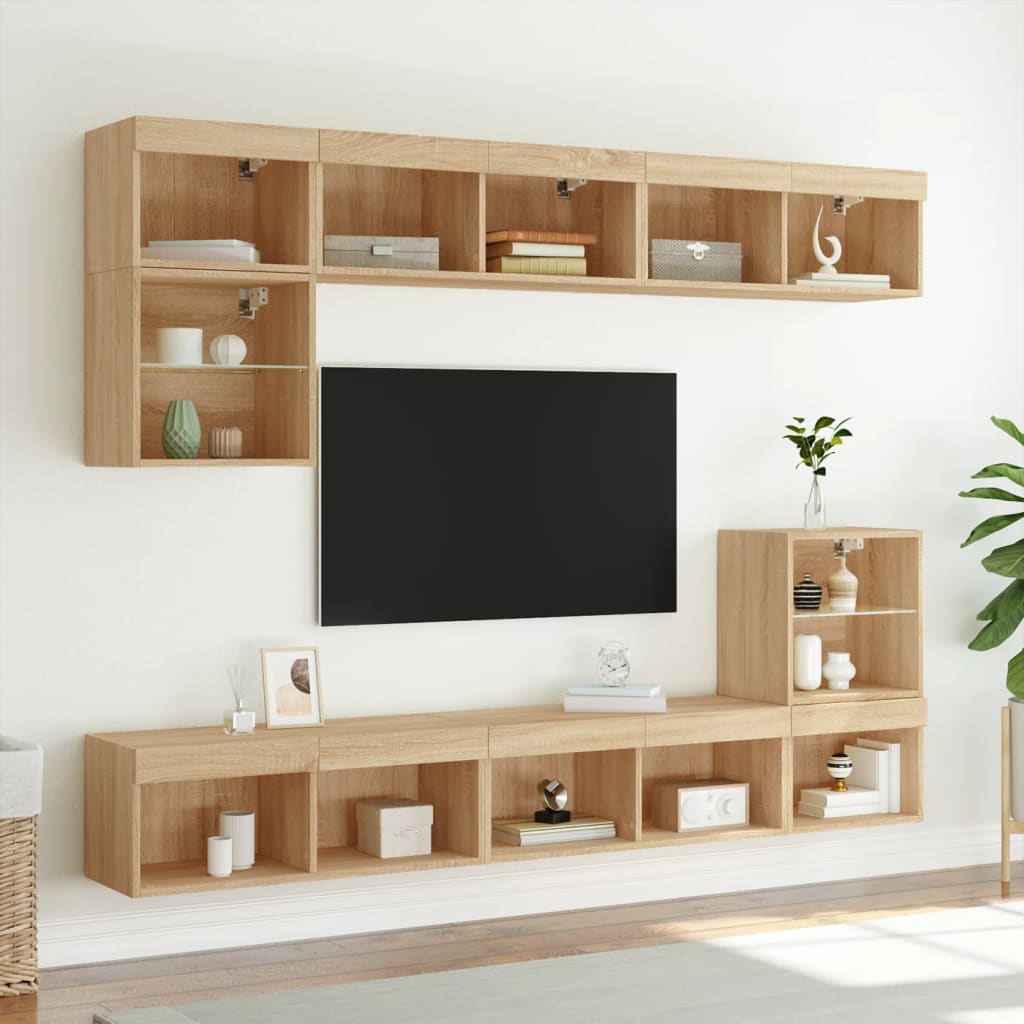 vidaXL Unități de perete TV cu LED-uri, 8 piese, stejar sonoma, lemn