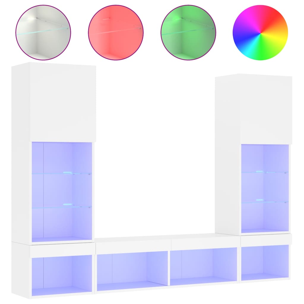 vidaXL Unități de perete TV cu LED-uri, 5 piese, alb, lemn prelucrat