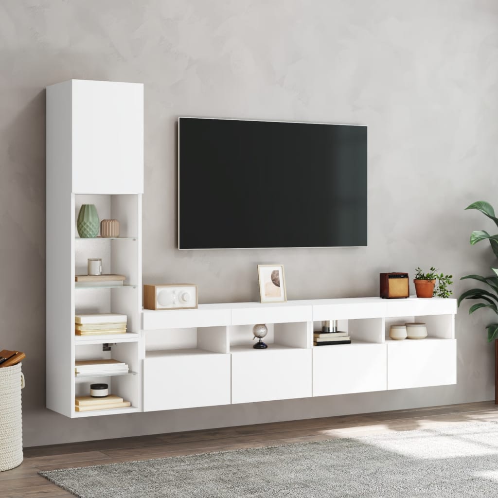 vidaXL Unități de perete TV cu LED-uri, 4 piese, alb, lemn prelucrat