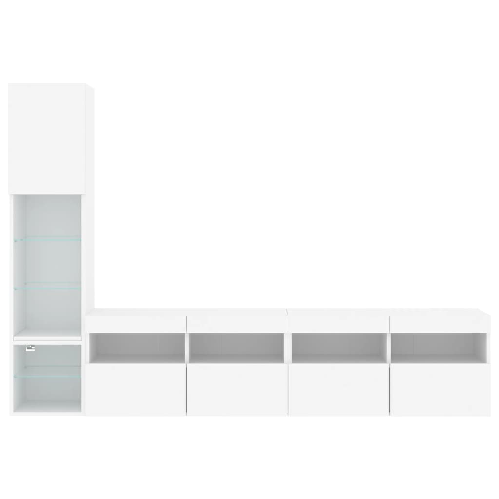 vidaXL Unități de perete TV cu LED-uri, 4 piese, alb, lemn prelucrat
