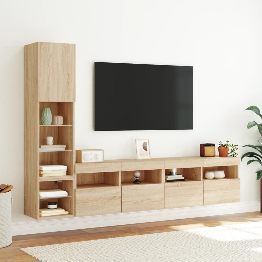 vidaXL Unități de perete TV cu LED-uri, 4 piese, stejar sonoma, lemn