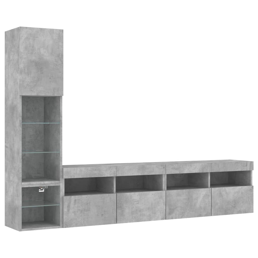 vidaXL Unități TV de perete cu LED-uri 4 piese gri beton lemn compozit