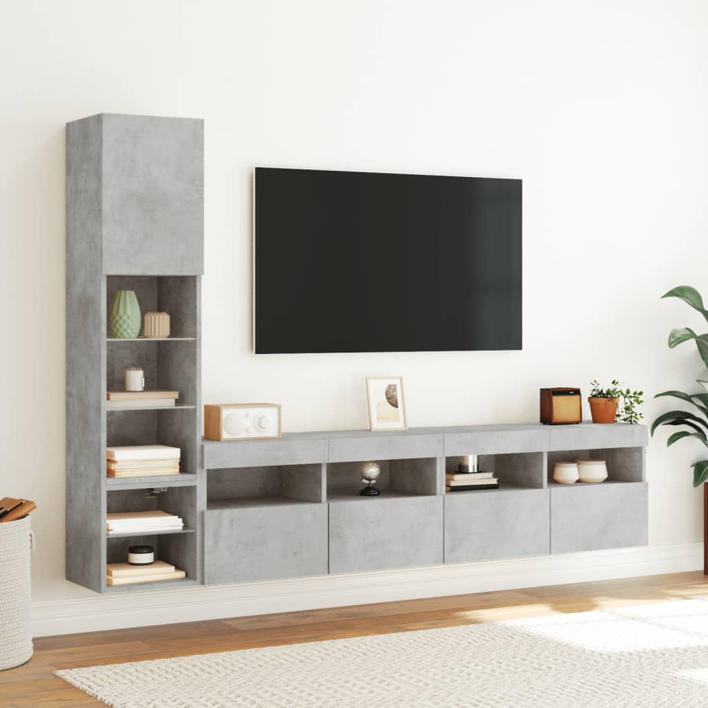 vidaXL Unități TV de perete cu LED-uri 4 piese gri beton lemn compozit