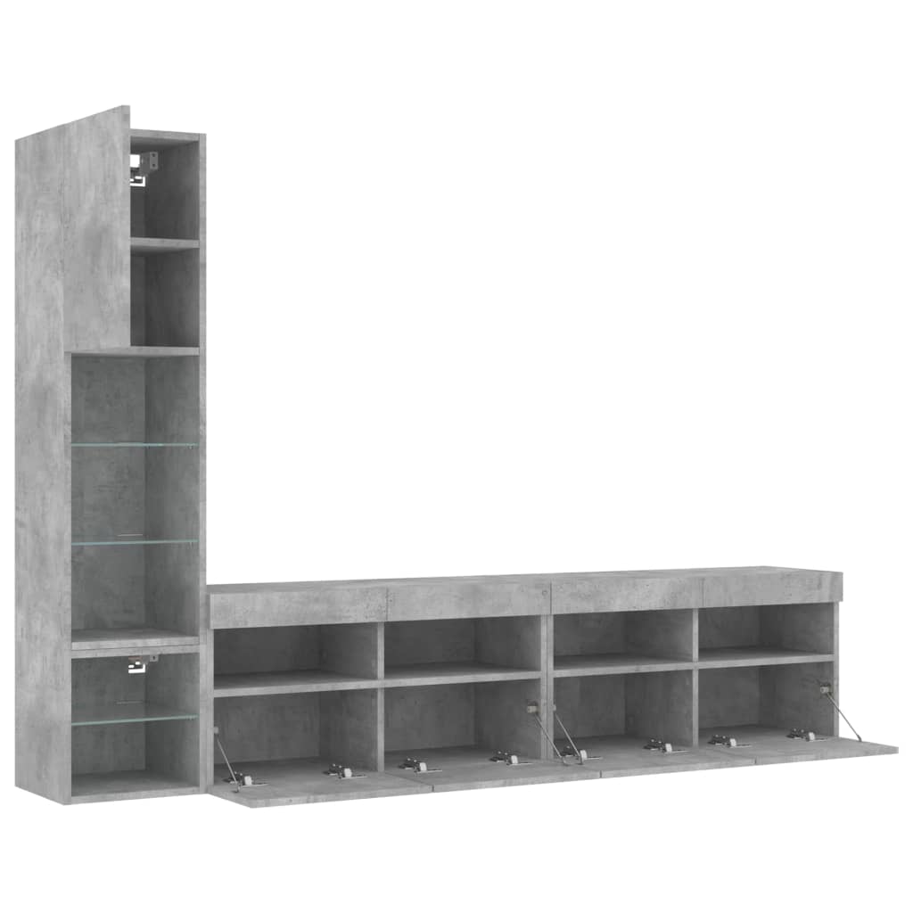 vidaXL Unități TV de perete cu LED-uri 4 piese gri beton lemn compozit