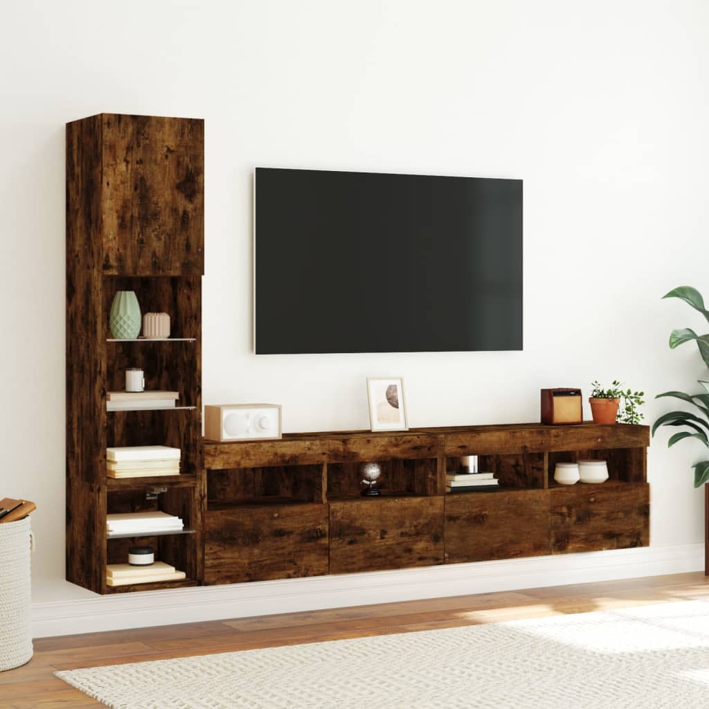vidaXL Unități de perete TV cu LED-uri, 4 piese, stejar fumuriu, lemn