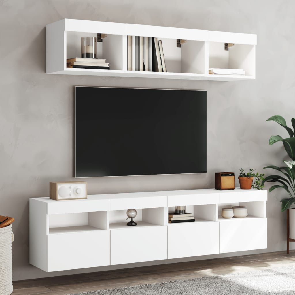 vidaXL Unități de perete TV cu LED-uri, 5 piese, alb, lemn prelucrat